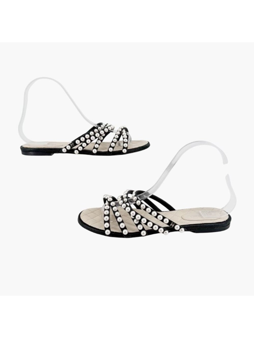 Chanel CC Pearl Strappy Slide Sandals Black White Flat Size 38.5 US 7.5-8 Women - Picture 7 of 14